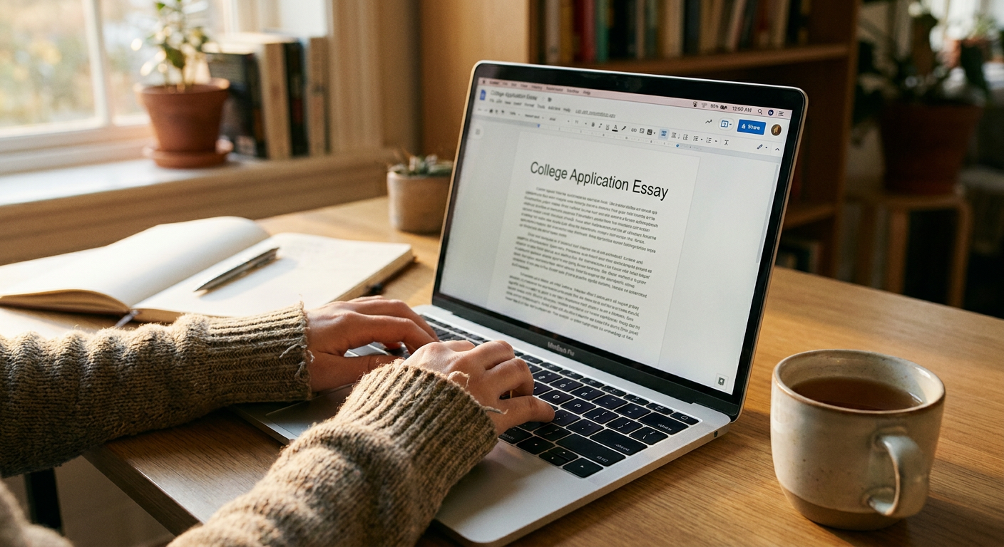 Student writing a college application essay on a laptop