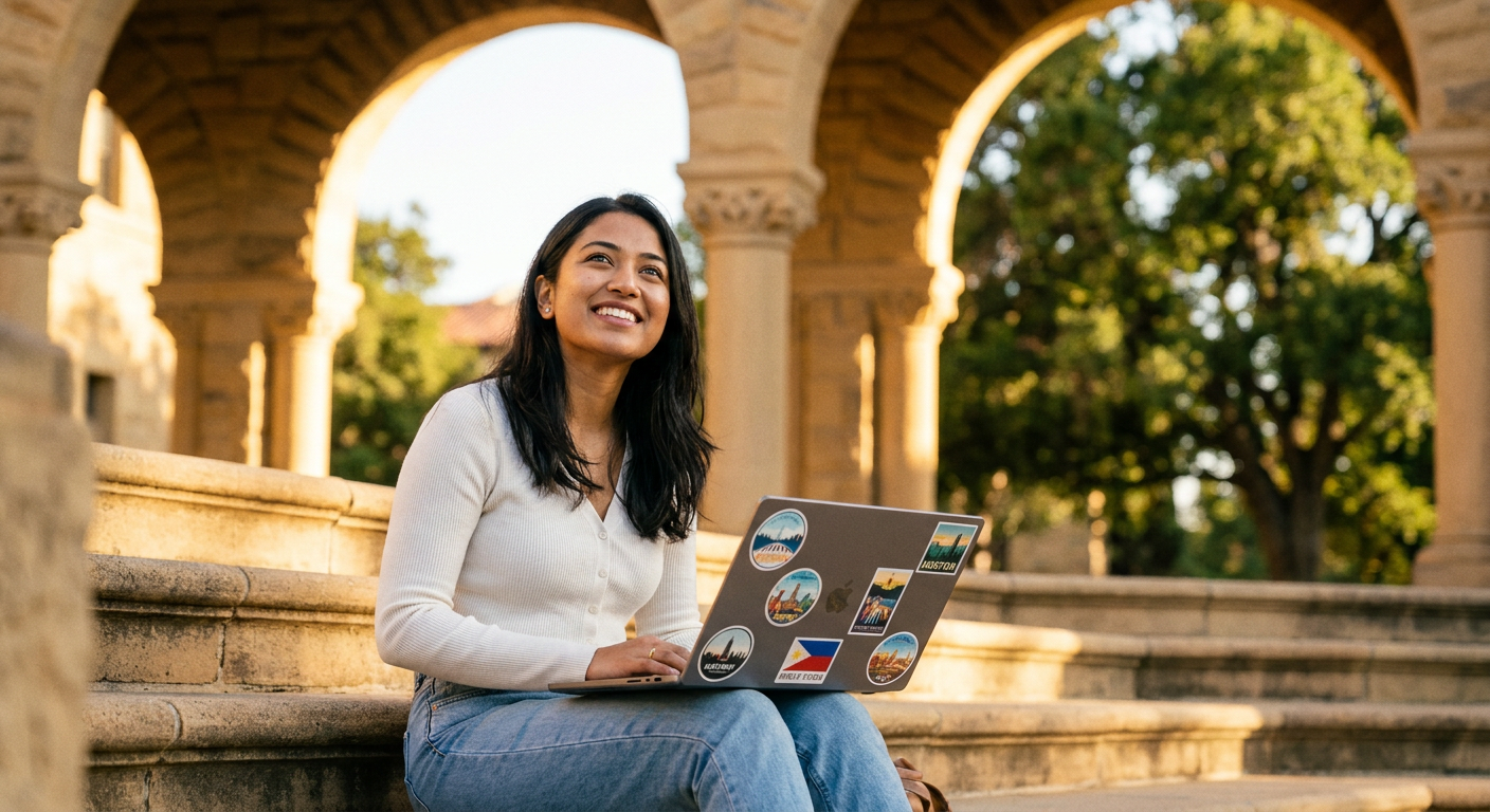 Smiling international student with a laptop sitting on sunlit campus steps